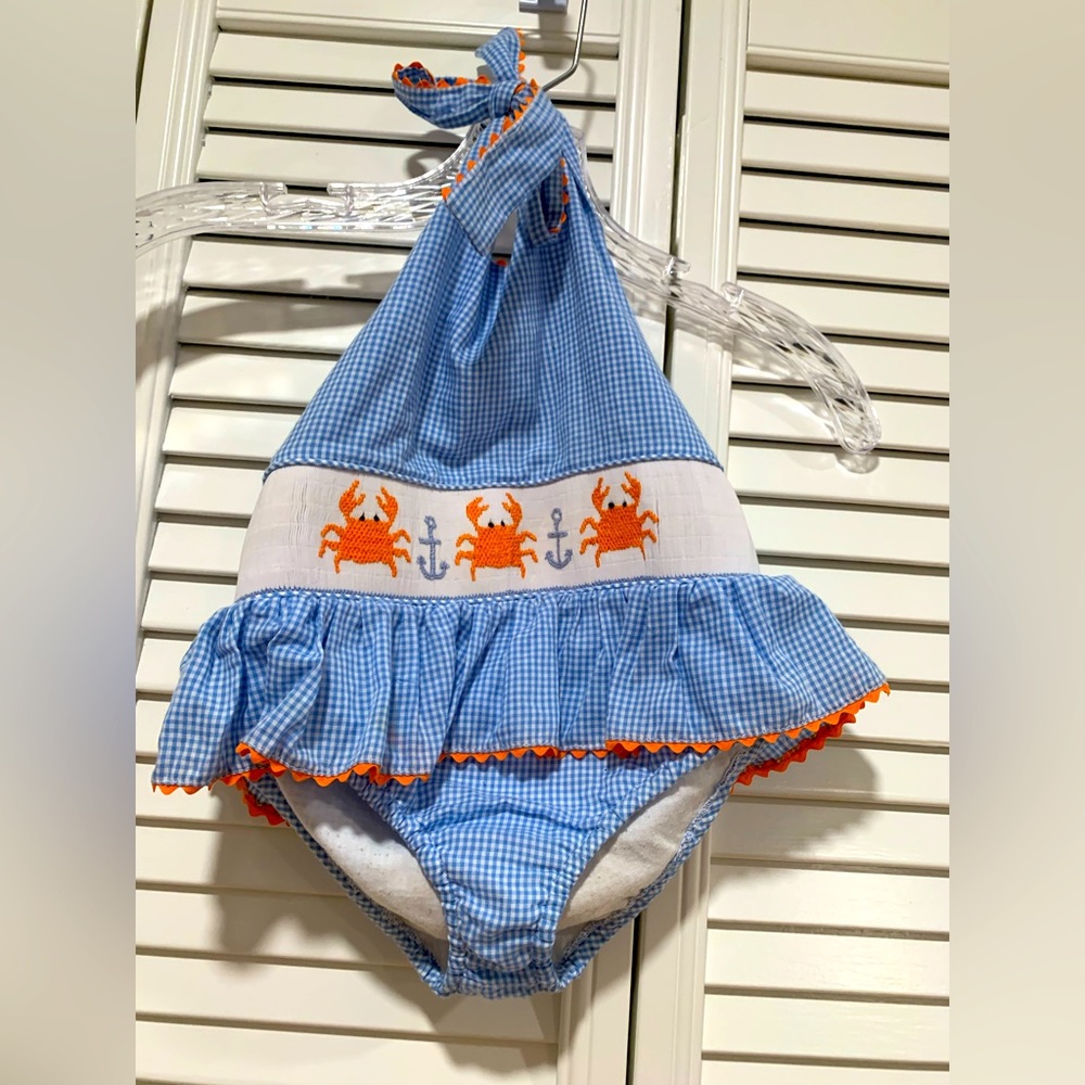 Posh Pickle Blue Gingham Smocked Crabs Girls 4T Excellent Condition